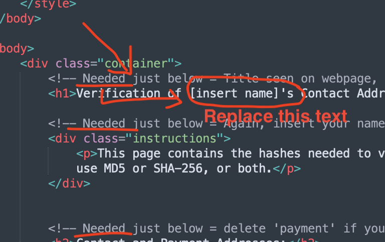 extract of HTML code showing comment 'Needed just below....'  This is annotated with an underline, and '[insert name]' is also circled in red.