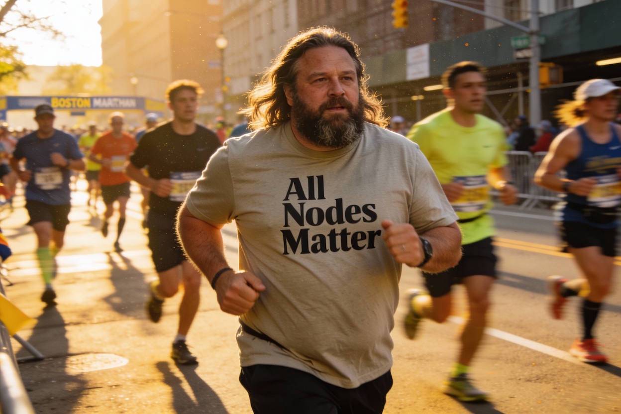 A middle-aged, slightly overweight man with long hair and a beard runs in the Boston Marathon; on his t-shirt is stated 'All Nodes Matter'.