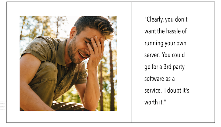 On the left side is a close up of Andrew doing an amused face palm.  On the right side, it states: Clearly, you don't want the hassle of running your own server.  You could go for a 3rd party software-as-a-service.  I doubt it's worth it.