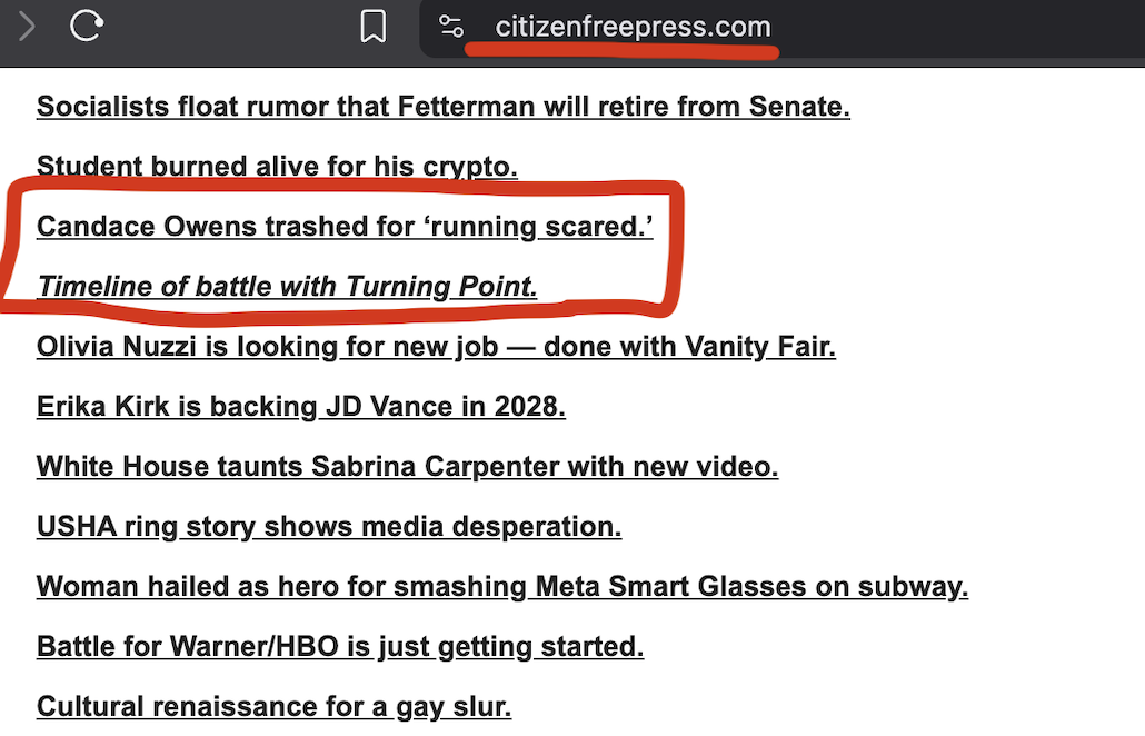 List of weblinked headlines from Citizen Free Press with an annotated arrow pointing to 'Candace Owens trashed for 'running scared'.