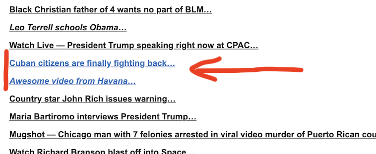 List of weblinked headlines from Citizen Free Press with an annotated arrow pointing to 'Cuban citizens are finally fighting back'.