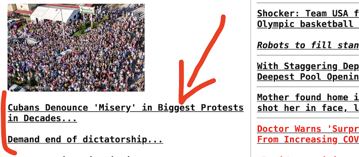 List of weblinked headlines from Drudge Report with an annotated arrow pointing to 'Cubans denouce misery in biggest protest in decades'.