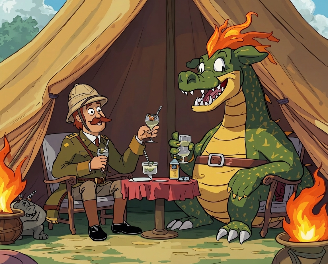 In cartoon style, a middle-aged, upper class British Army officer in the Victorian Era sips a Gin and Tonic with a dragon in a tent.