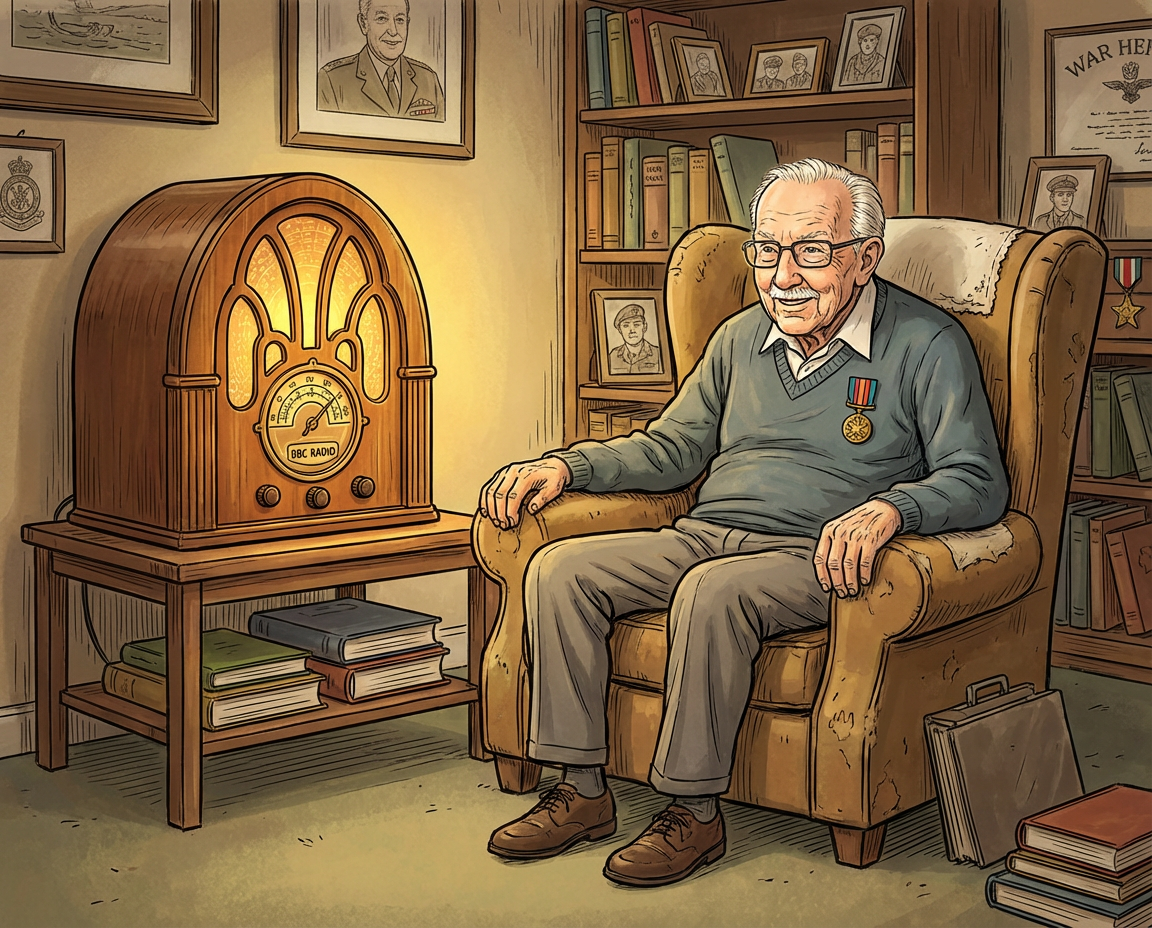 In cartoon style, Captain Sir Tom Moore sits in his cosy study, smiling, and listening to a big 1930s Art Deco radio.