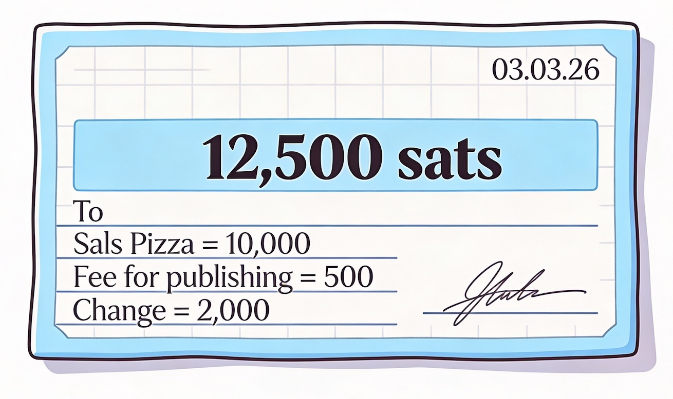 A drawing of a cheque, with: the date, '3.3.26'; an amount, '12,500' prominent in center; 'To Sals Pizza= 10,000, Fee for Publishing= 500, Change= 2000'.
