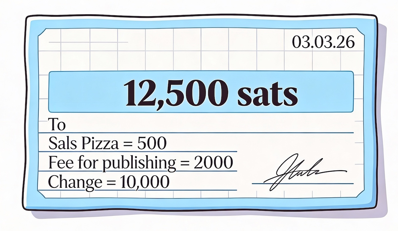 A drawing of a cheque, with: the date, '3.3.26'; an amount, '12,500' prominent in center; 'To Sals Pizza= 500, Fee for Publishing= 2,000, Change= 10,000'.