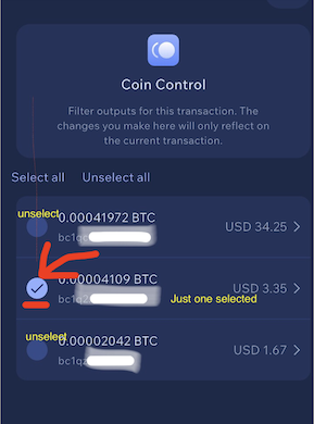 a screenshot of the Cake Wallet app with the settings title 'Coin Control' and only one of three bitcoin addresses ticked.