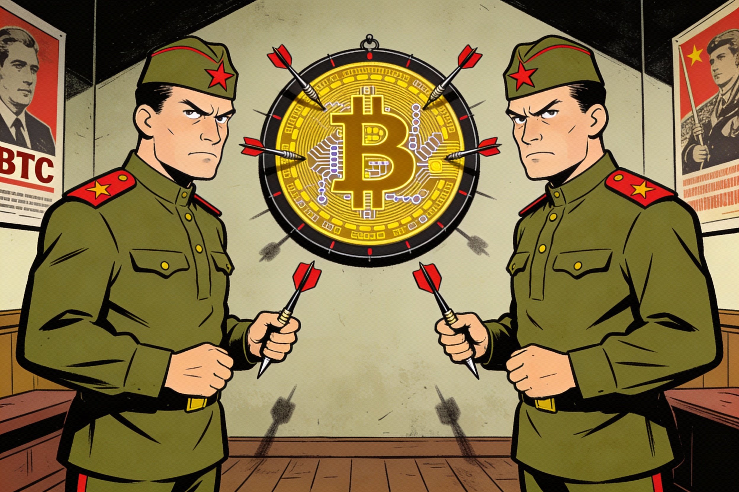 Two men, twins, in military uniforms of old Communist East Germany, hold darts, and look grim; in the background is a dartboard styled as a bitcoin.