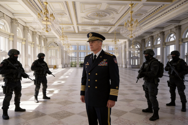 A U.S. army general and four special force members with rifles stand in Trump's new ballroom at the White House.