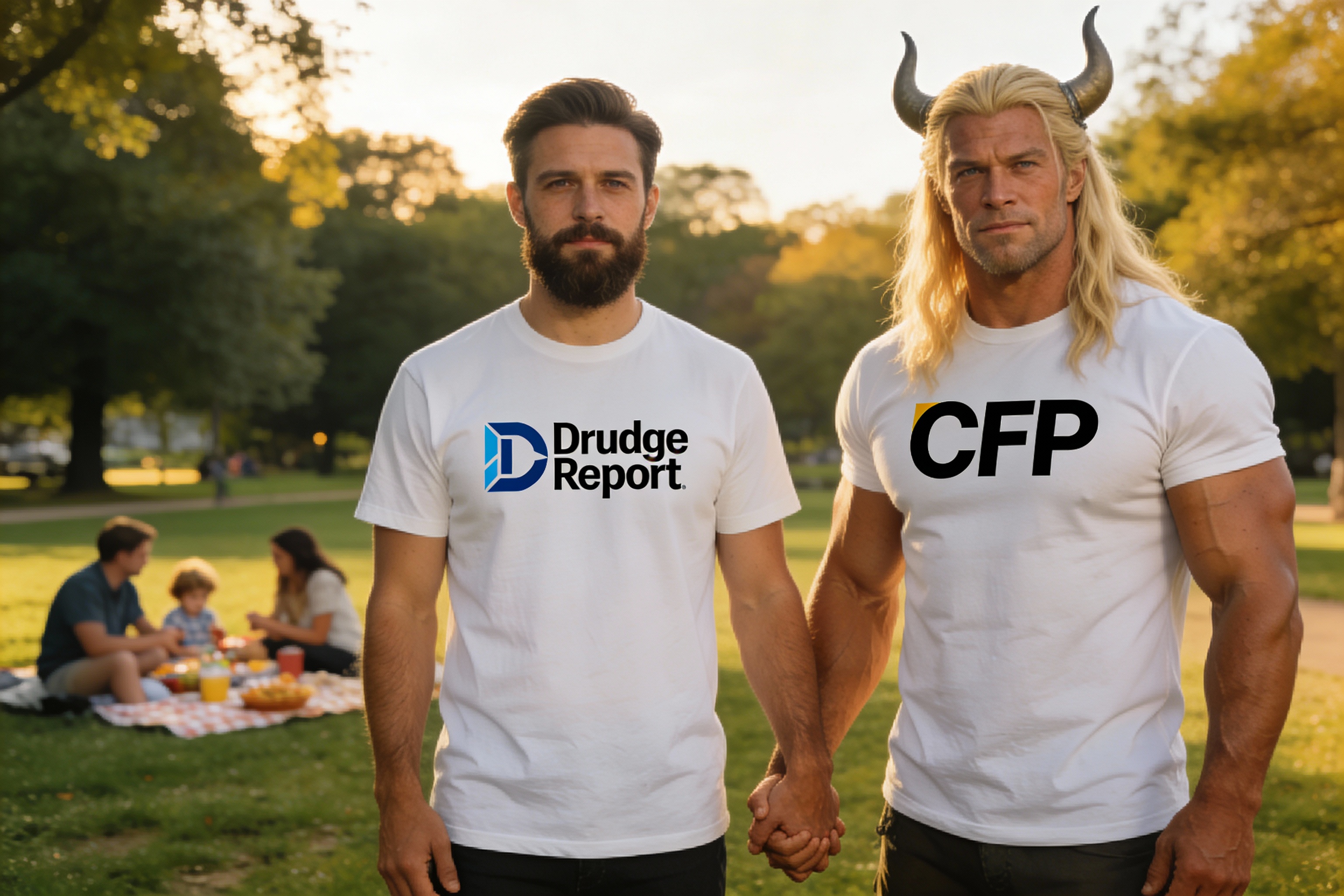 In a park, with a family having a picnic in the distance, two men hold hands; one hipster wearing a white t-shirt with 'Drudge Report' on it, and one Viking-looking conservative wearing a white t-shirt with 'CFP' on it