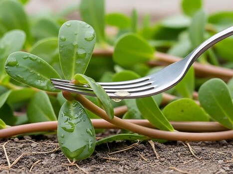 Closeup of a fork amongst some green leafy weeds in a garden