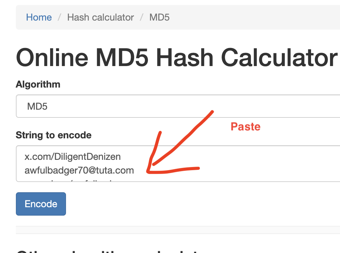 A screenshot of the webpage at md5calc.com, with a field showing that MD5 has been chosen, and a field with pasted text.  It is annotated with an arrow and the word 'paste', pointing to the text field where one enters one's persona text.