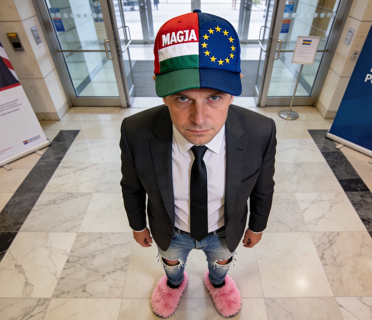 An early-middle-aged politician stands in the foyer of the European parliament looking up at the camera.  He wears a strange outfit: pink slippers, old ripped jeans, a black suit jacket and tie, and a cap which is half 'Magya' Hungarian Nationalist, and half European Union.