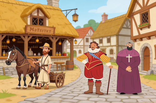 On a medieval street, there is a peasant with a horse and cart, a medieval priest, and a medieval lord.  They are drawn in cartoon style.