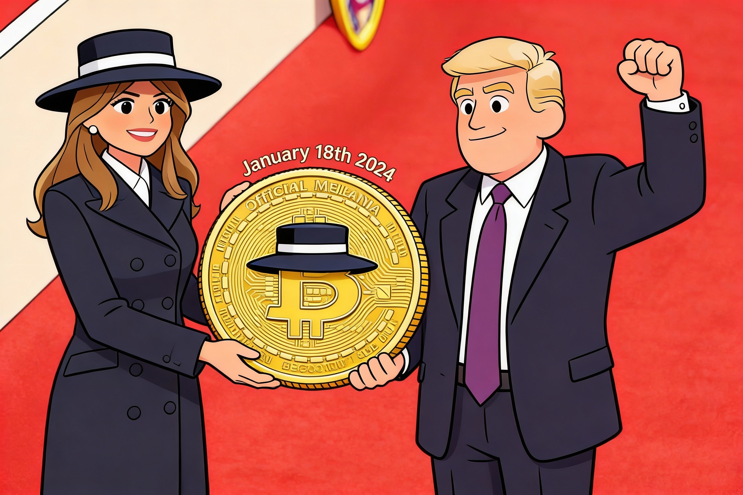 Cartoon of Donald Trump and Melania holding up crypto coin with Melania's black hat from the 2025 inaugration on the coin.