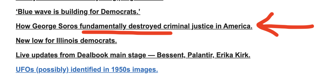List of weblinked headlines from Citizen Free Press with an annotated arrow pointing to 'How Soros fundamentally destroyed criminal justice in America'.