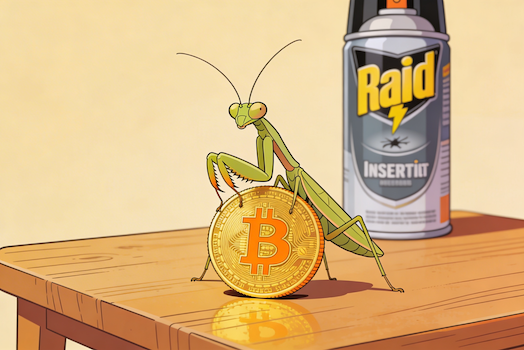 A cartoon of a praying mantis on a table, holding a bitcoin, with a can of Raid insecticide in the background.