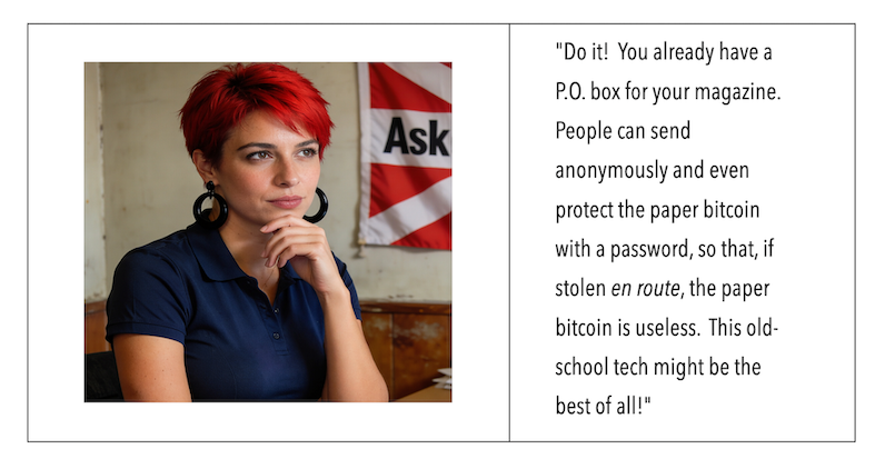 On the left side is a close up of Seina looking happily curious. Do it!  You already have a P.O. box for your magazine.  People can send anonymously and even protect the paper bitcoin with a password, so that, if stolen en route, the paper bitcoin is useless.  This old-school tech might be the best of all!