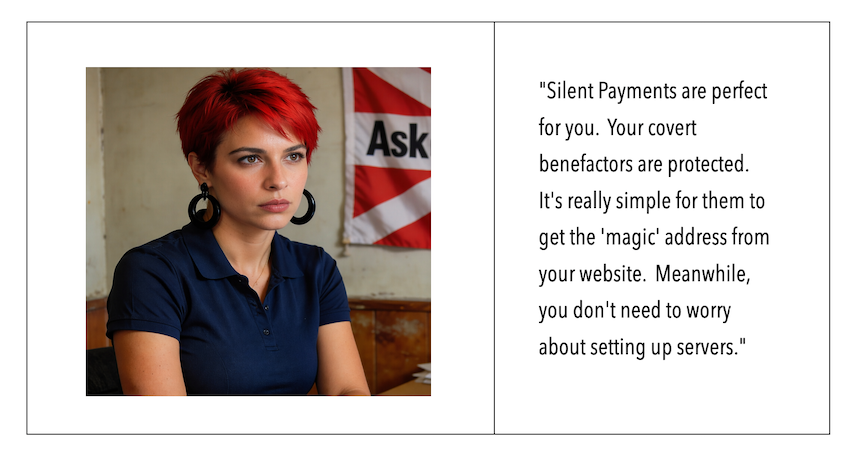 On the left side is a close up of Seina looking like she is listening closely.  On the right side, it states: Silent Payments are perfect for you.  Your covert benefactors are protected.  It's really simple for them to get the 'magic' address from your website.  Meanwhile, you don't need to worry about setting up servers.