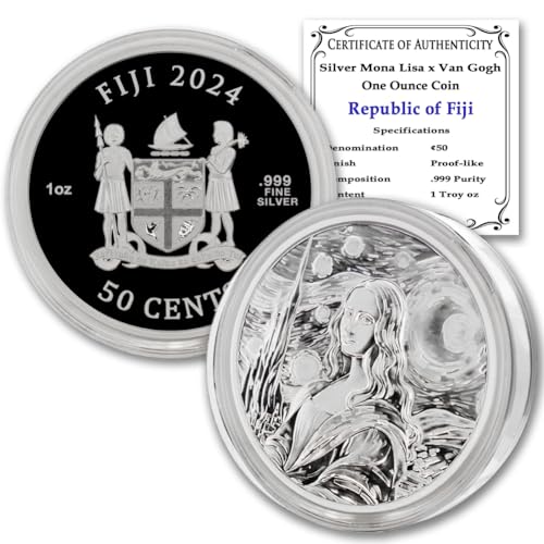 Both sides of a 1 oz silver coin shown, 50c nominal value on the coin face, origin Fiji.