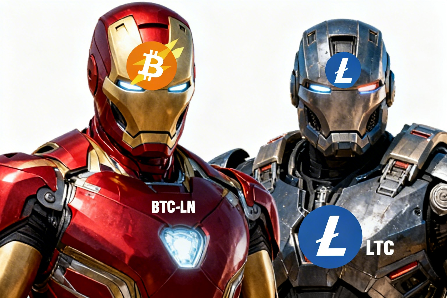 Mid Close Ups of Iron Man and War Machine.  Iron Man has the BTC-LN logo, and War Machine has the LTC logo.