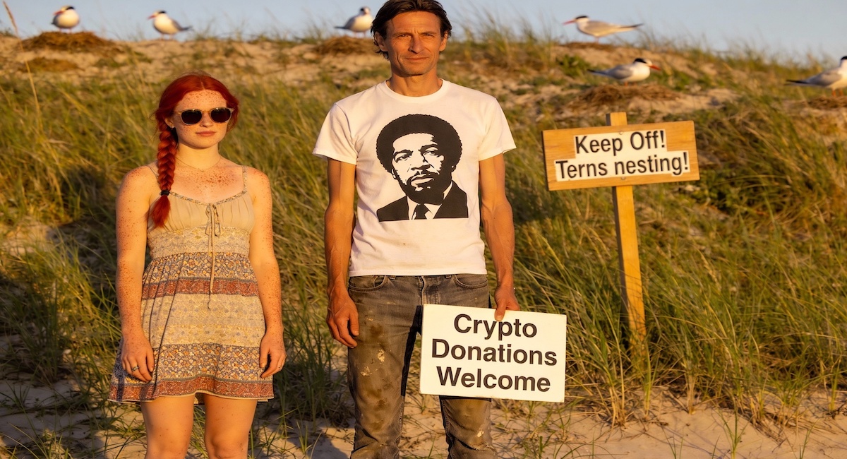 Two people, a young woman with red plaited hair, wearing a summer dress, and a middle-aged, continental-European-looking man wearing dirty jeans and a t-shirt with Malcolm X's face, stand at the beach in front of a grassy bank on which there are terns.  The man holds a sign stating 'Crypto Donations Welcome'