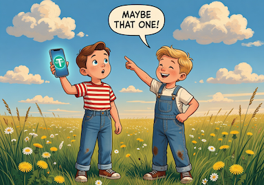 two boys wearing 1950s style clothing are in a field and one holds up an (anachronistic) smartphone with a Tether USD icon on it and the other points to a cloud and says 'maybe that one', and they smile