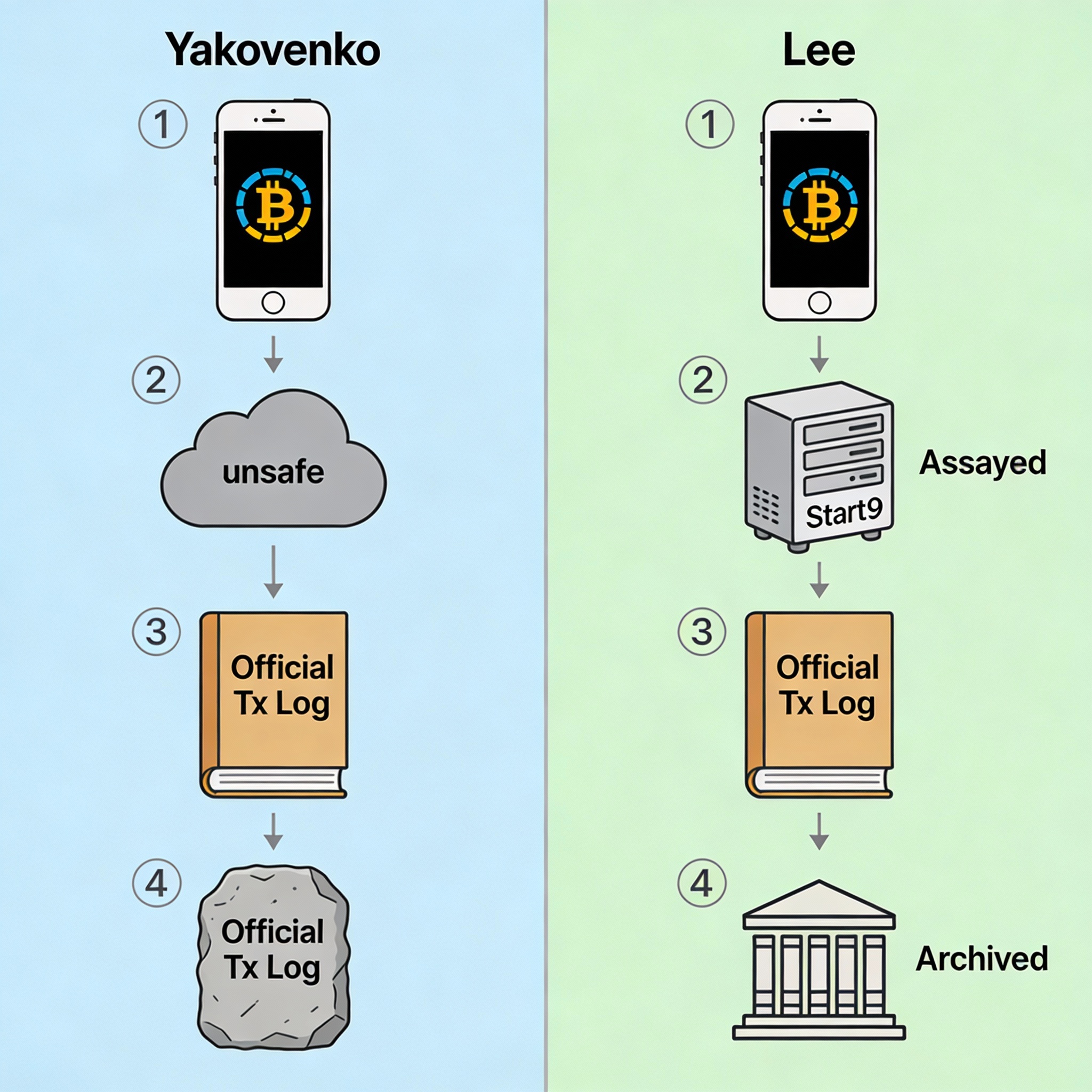 There are two columns with four stages going top to bottom.  The left column is titled 'Yakovenko', the right column is titled 'Lee'.  Stage 1 is the same for both: A smartphone with a bitcoin symbol. Stage 2 is a dark cloud labelled 'unsafe' on the left, and a Start9 home server on the right.  Stage 3 is the same for both: A hardcover book titled 'Official Tx Log'.  Stage 4 differs: On the left is a stone tablet engraved with 'Official Tx Log' and on the right there is an icon of a library with the words 'Archive'.