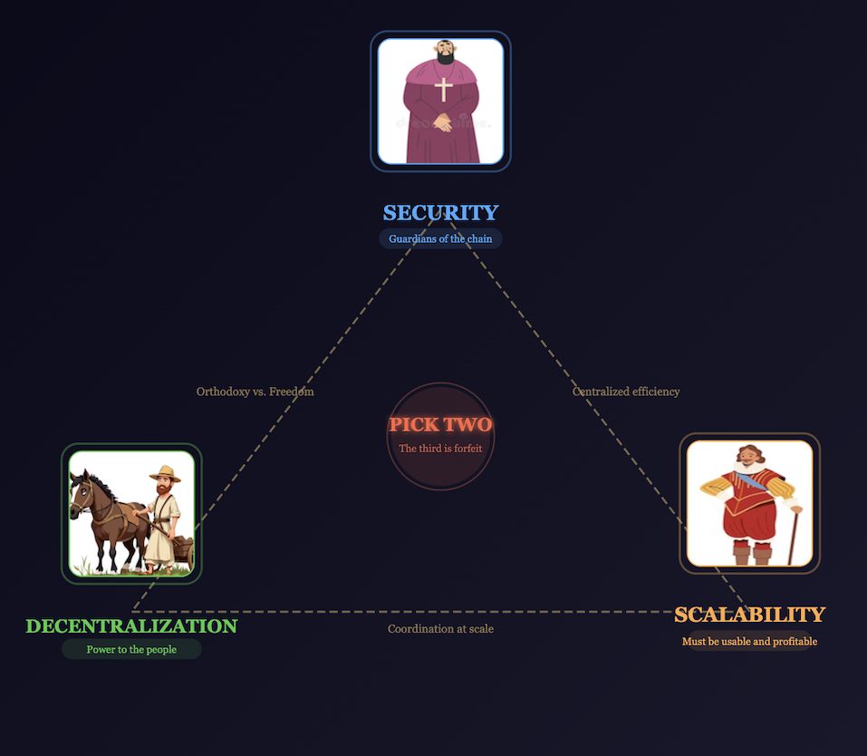 Diagram depicting Vitalik's trilemma with security and an icon of a priest at the top of the triangle, decentralization and an icon of a peasant at the bottom left, and scalability and an icon of a medieval lord in the bottom right.